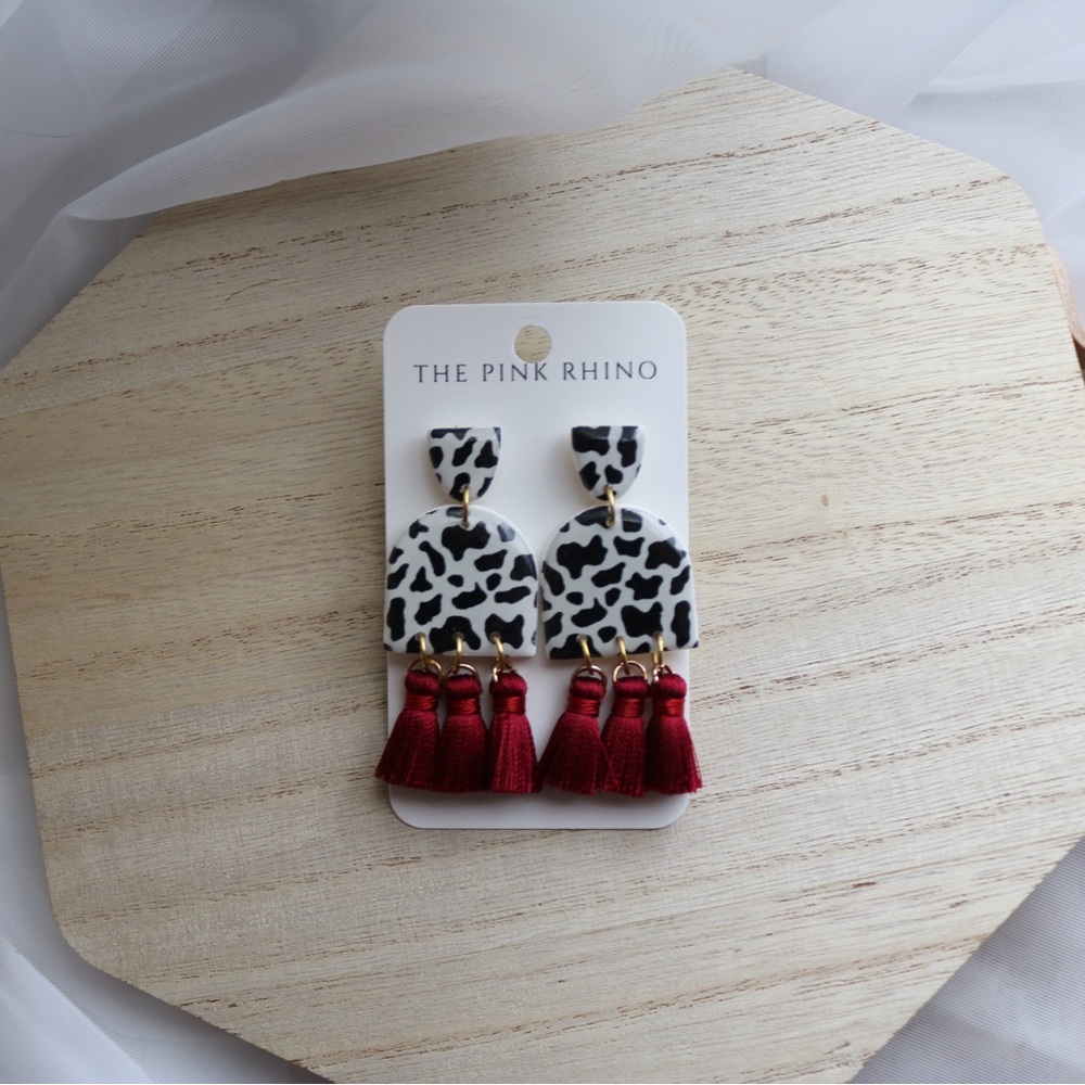 Cow Print Maroon Tassel Earrings